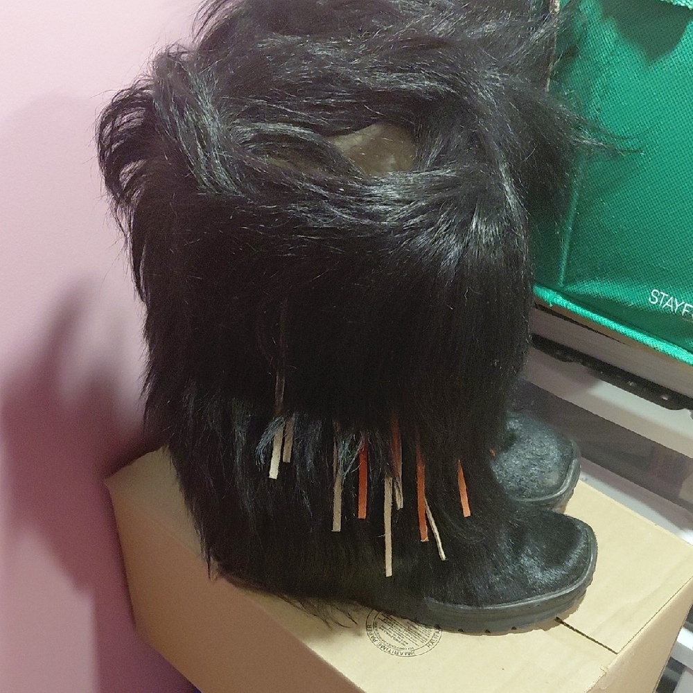 Pajar Black Real Fur Boots with Multicolor Fringe
